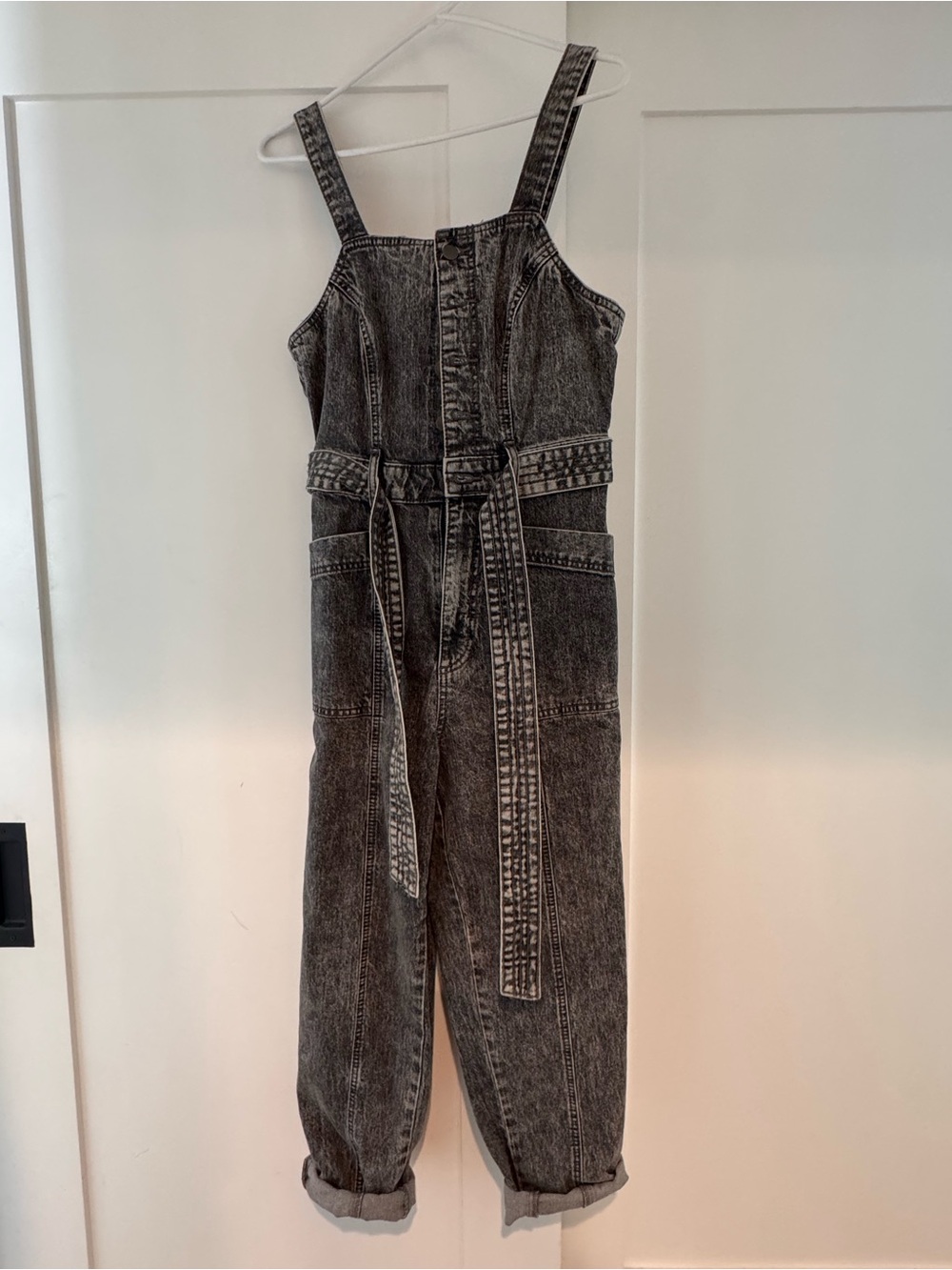 Universal Thread Black Acid-Wash Denim Jumpsuit with Self-Tie Belt